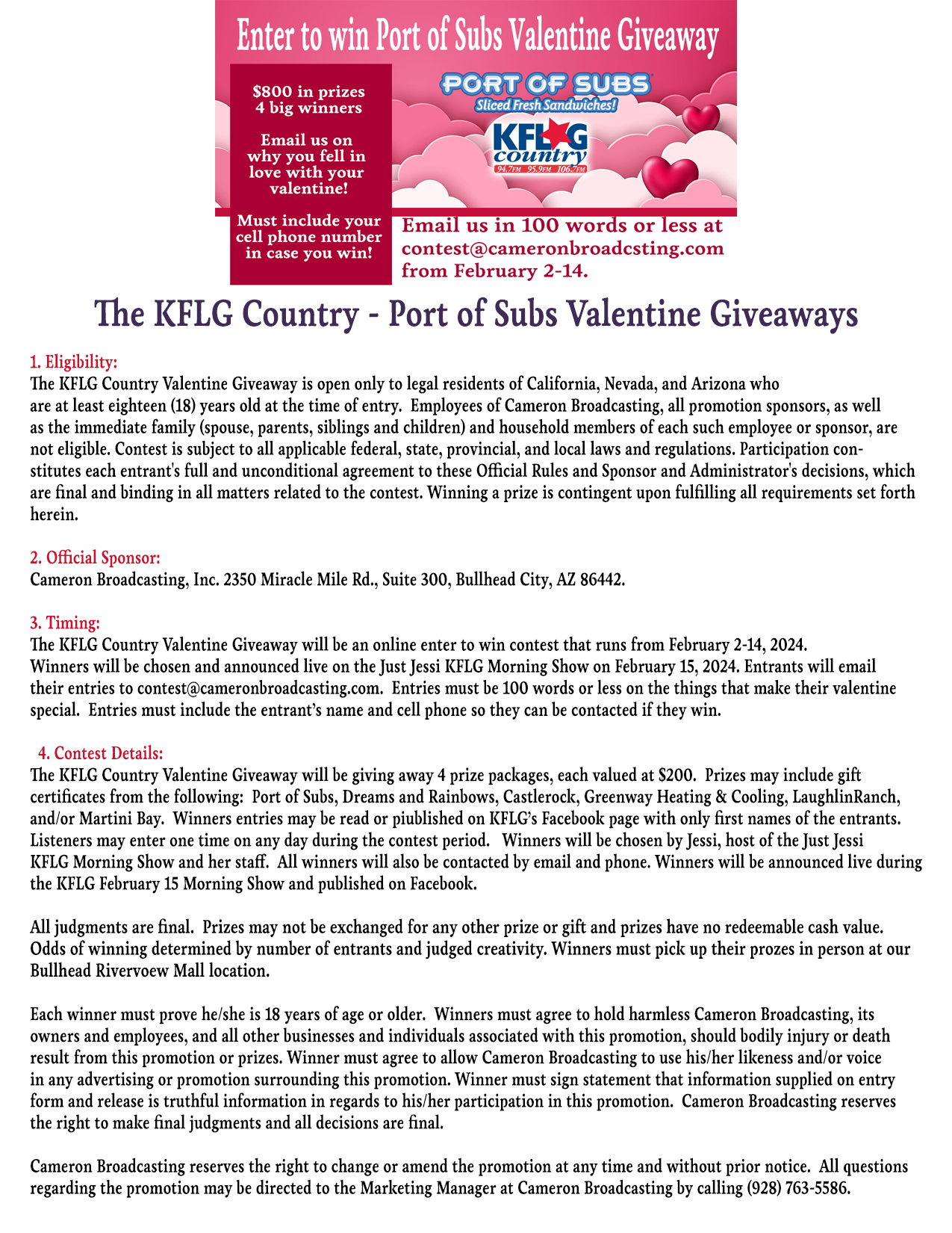 The KFLG Country - Port of Subs Valentine Giveaways